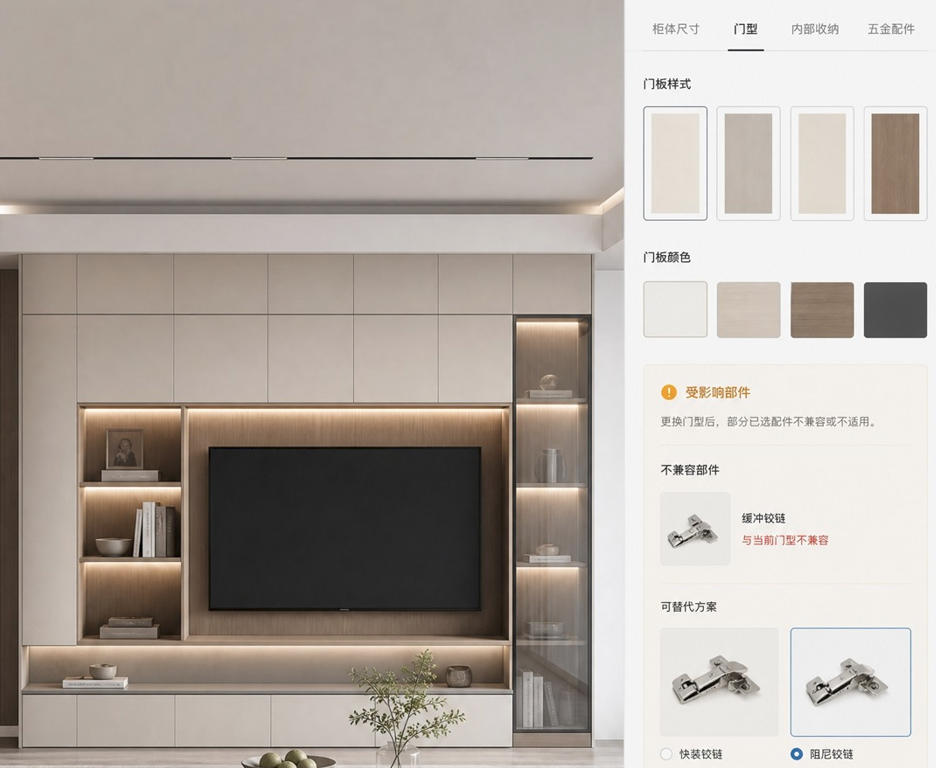 定制家具3D在线选装案例：衣柜鞋柜床头柜尺寸材质内部空间自定义与实时报价