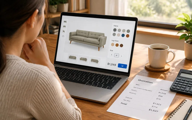 商家在笔记本上查看家具3D产品配置器的实时报价，桌上放着打印的报价单和计算器