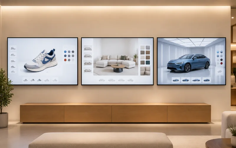 3D configurator case studies: sneaker, sofa and car configurators on a showroom wall