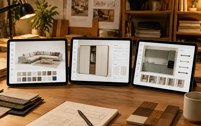 Three tablets showing sofa, wardrobe and cabinet configurators