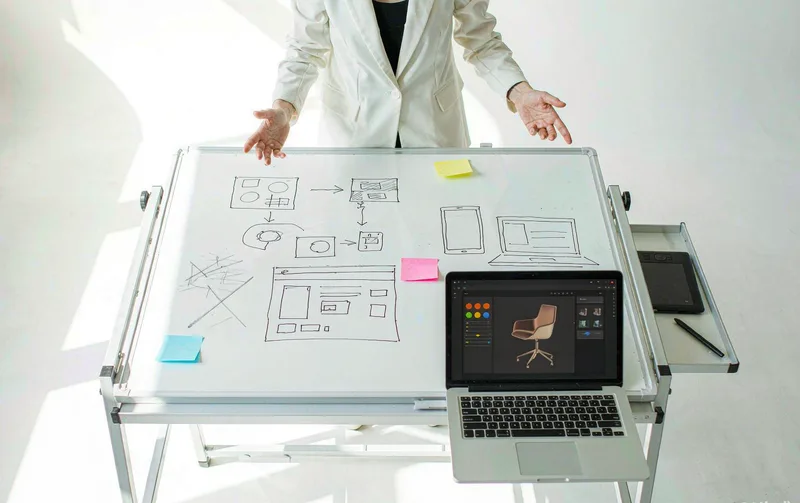 A designer planning an interactive 3D product page on a whiteboard