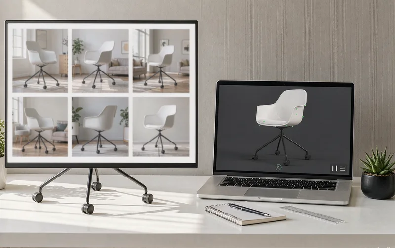 Flat product gallery next to an interactive 3D product page on a laptop